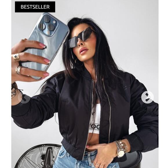 Women's Black Bomber Jacket - Picture 15 of 16